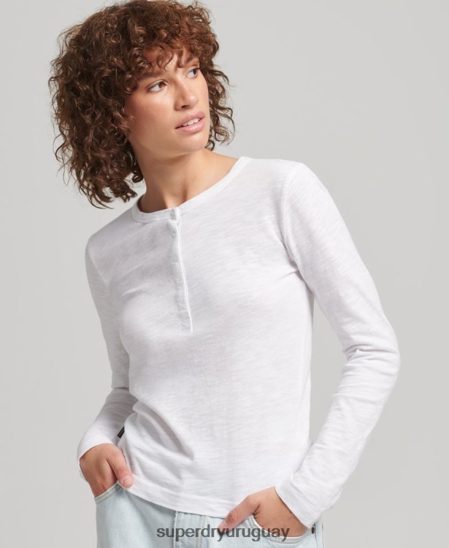 uy Superdry mujer camiseta henley de jersey flameado de manga larga blanco DT2N8Z3001 ropa