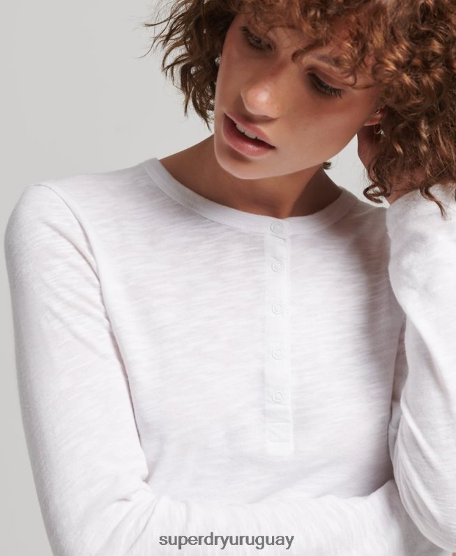 uy Superdry mujer camiseta henley de jersey flameado de manga larga blanco DT2N8Z3001 ropa