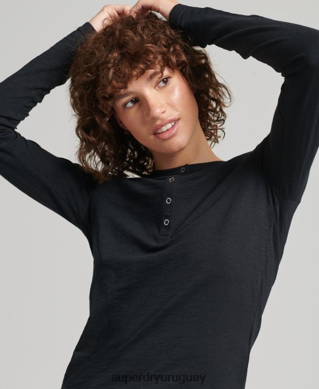 uy Superdry mujer camiseta henley de jersey flameado de manga larga negro DT2N8Z3037 ropa