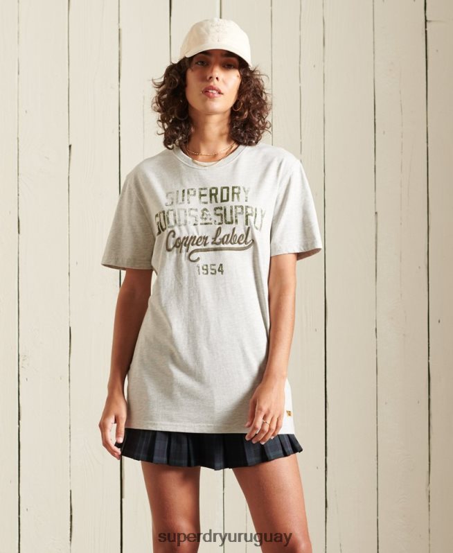 uy Superdry mujer camiseta holgada con gráfico de ropa de trabajo gris claro DT2N8Z6710 ropa