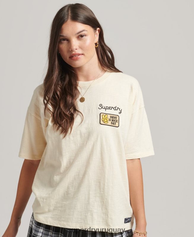 uy Superdry mujer camiseta holgada con parche del logo de los años 90 crema DT2N8Z6230 ropa