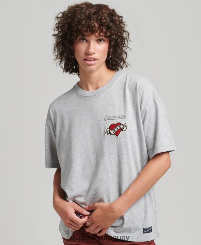 uy Superdry mujer camiseta holgada con parche del logo de los años 90 gris DT2N8Z6247 ropa