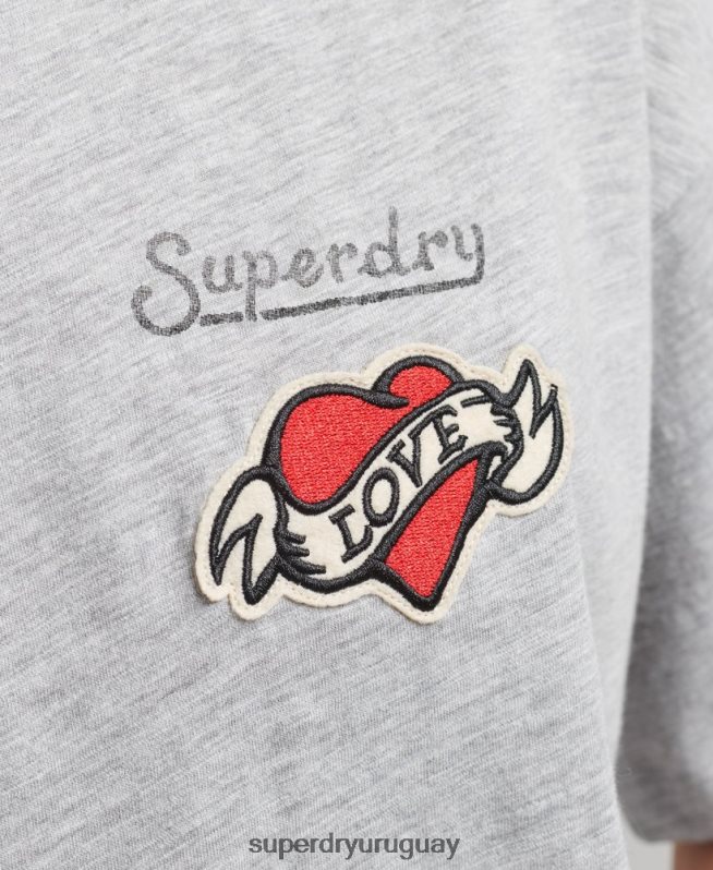 uy Superdry mujer camiseta holgada con parche del logo de los años 90 gris DT2N8Z6247 ropa