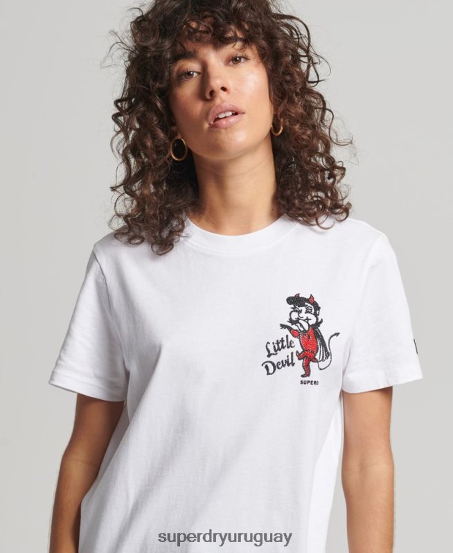 uy Superdry mujer camiseta vintage con estrás y líneas cruzadas blanco DT2N8Z2823 ropa