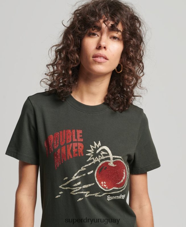 uy Superdry mujer camiseta vintage con estrás y líneas cruzadas gris oscuro DT2N8Z2786 ropa