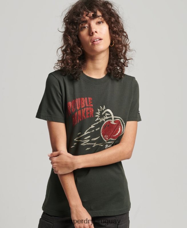 uy Superdry mujer camiseta vintage con estrás y líneas cruzadas gris oscuro DT2N8Z2786 ropa
