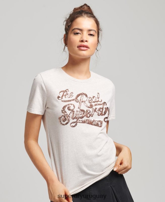 uy Superdry mujer la verdadera camiseta de entrada de lentejuelas beige DT2N8Z2796 ropa