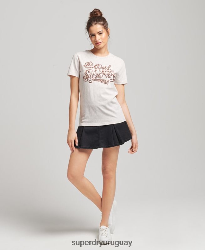 uy Superdry mujer la verdadera camiseta de entrada de lentejuelas beige DT2N8Z2796 ropa