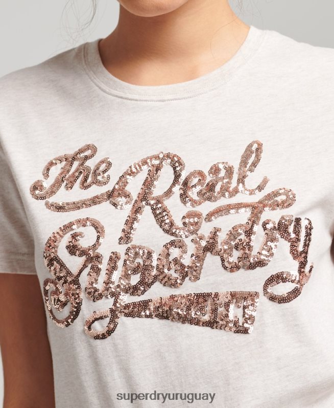 uy Superdry mujer la verdadera camiseta de entrada de lentejuelas beige DT2N8Z2796 ropa