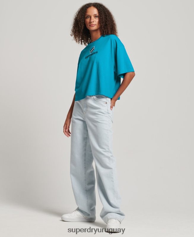 uy Superdry mujer playera boxy con código apilado azul DT2N8Z2702 ropa
