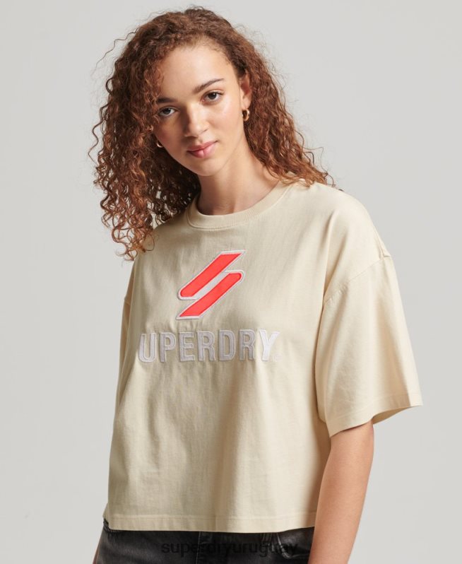 uy Superdry mujer playera boxy con código apilado crema DT2N8Z2776 ropa