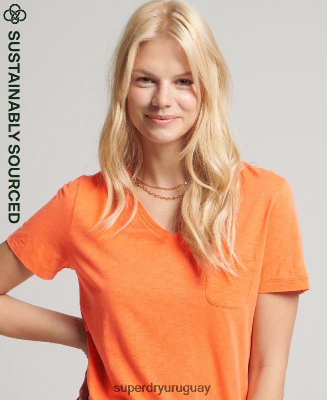 uy Superdry mujer playera con cuello en V y bolsillo de algodón orgánico naranja DT2N8Z2826 ropa