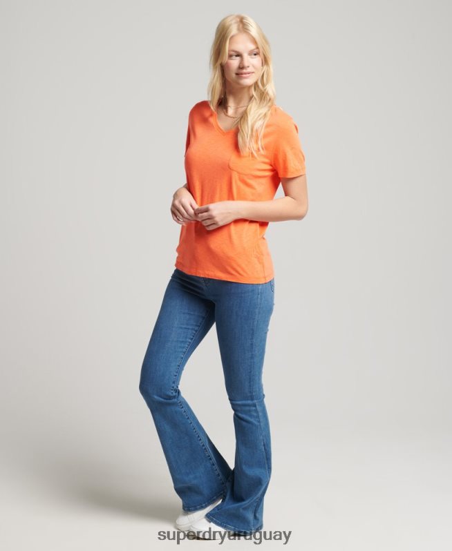 uy Superdry mujer playera con cuello en V y bolsillo de algodón orgánico naranja DT2N8Z2826 ropa