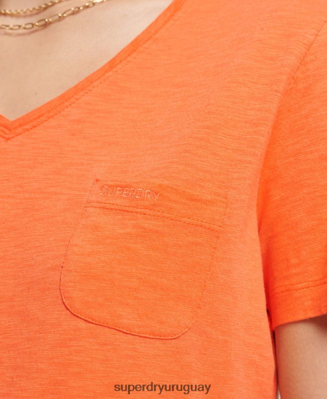 uy Superdry mujer playera con cuello en V y bolsillo de algodón orgánico naranja DT2N8Z2826 ropa
