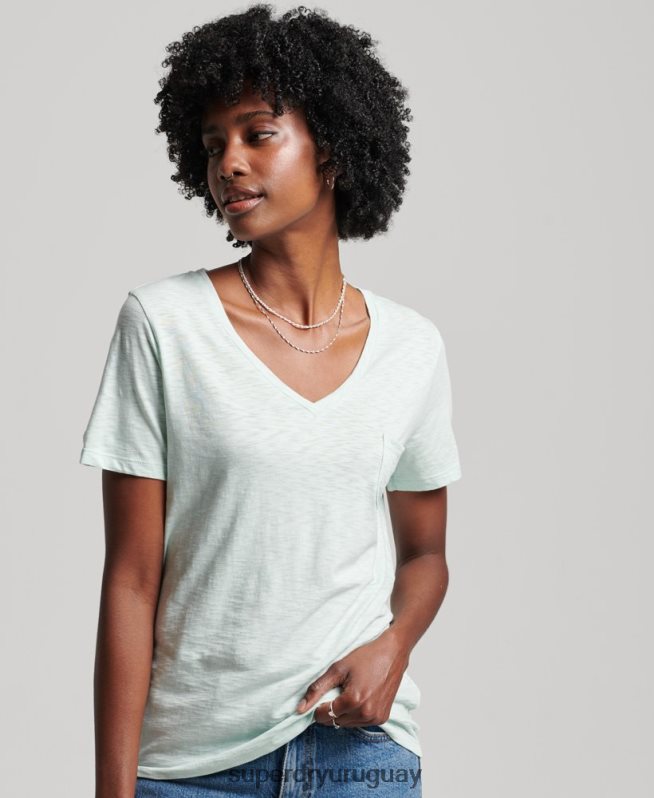 uy Superdry mujer playera con cuello en V y bolsillo de algodón orgánico verde DT2N8Z6206 ropa