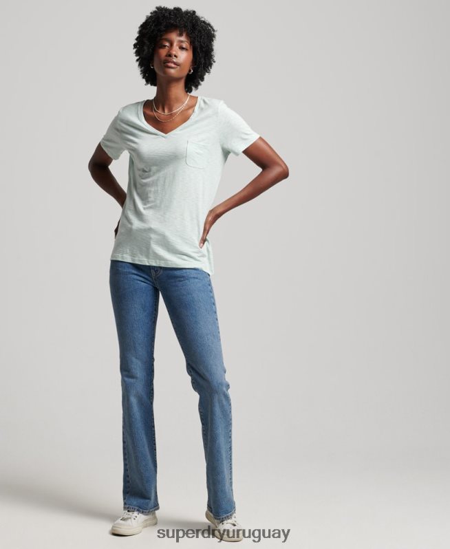 uy Superdry mujer playera con cuello en V y bolsillo de algodón orgánico verde DT2N8Z6206 ropa