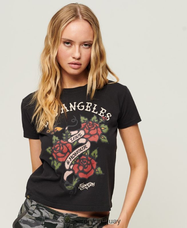 uy Superdry mujer playera con estampado de tatuaje de los años 90 negro DT2N8Z2616 ropa