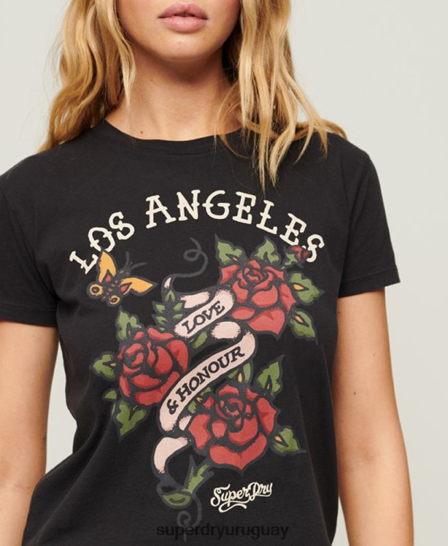 uy Superdry mujer playera con estampado de tatuaje de los años 90 negro DT2N8Z2616 ropa