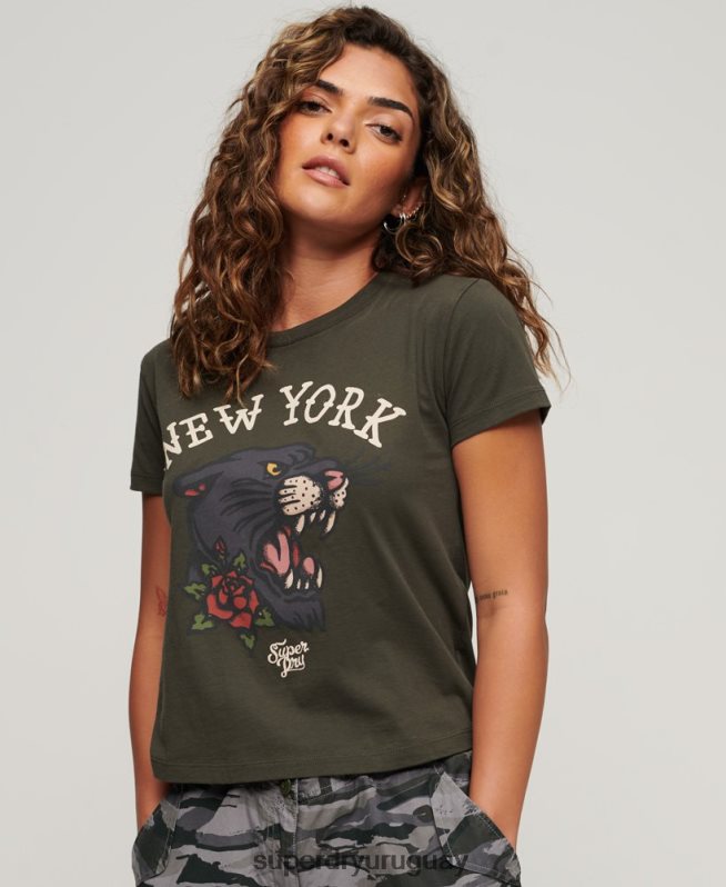 uy Superdry mujer playera con estampado de tatuaje de los años 90 verde DT2N8Z2627 ropa