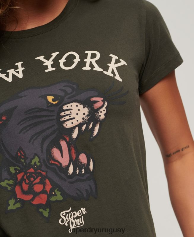 uy Superdry mujer playera con estampado de tatuaje de los años 90 verde DT2N8Z2627 ropa