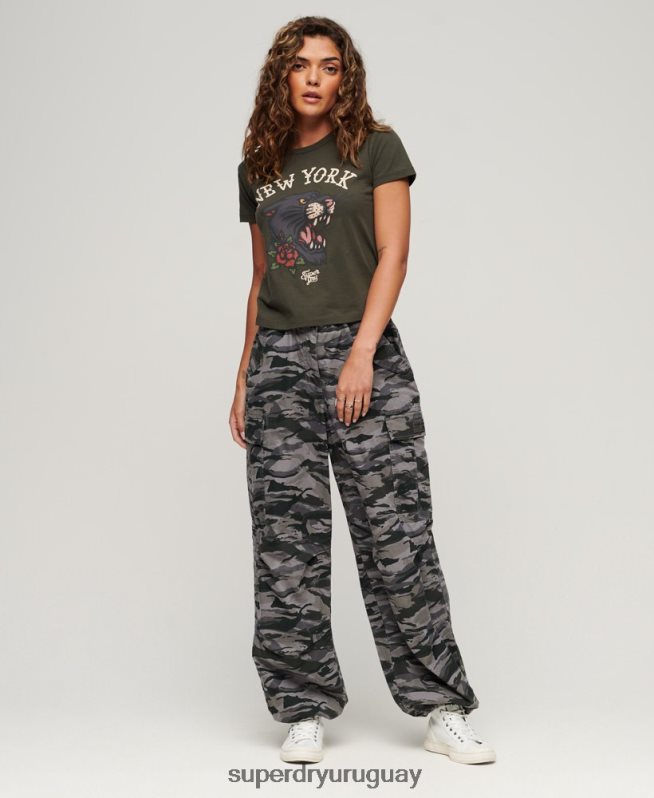 uy Superdry mujer playera con estampado de tatuaje de los años 90 verde DT2N8Z2627 ropa