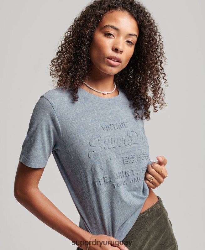 uy Superdry mujer playera con logo en relieve azul claro DT2N8Z2612 ropa