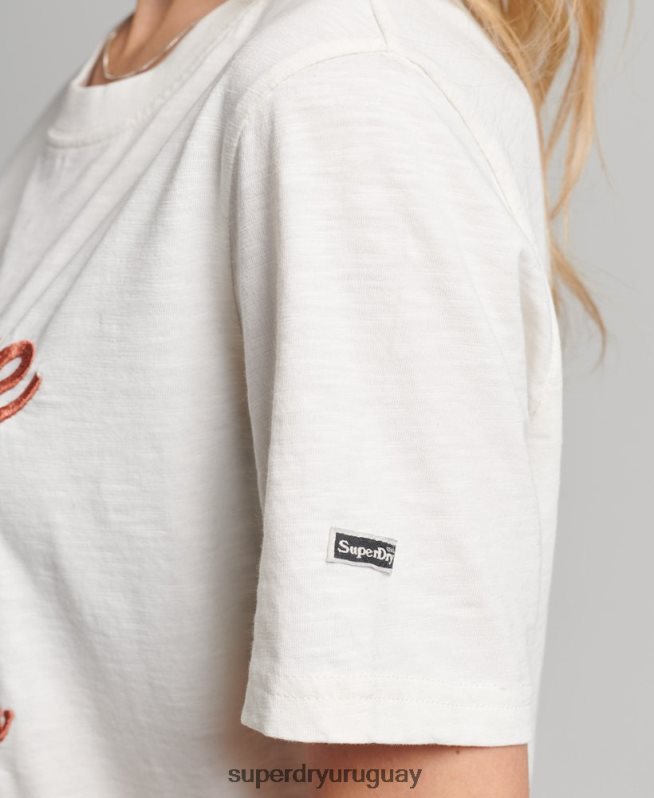uy Superdry mujer playera con logo gráfico adornado crema DT2N8Z6223 ropa