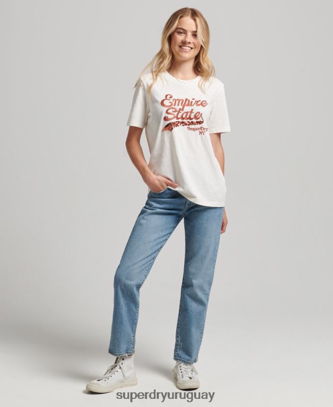uy Superdry mujer playera con logo gráfico adornado crema DT2N8Z6223 ropa