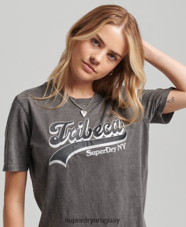 uy Superdry mujer playera con logo gráfico adornado gris oscuro DT2N8Z2810 ropa