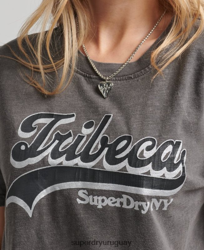 uy Superdry mujer playera con logo gráfico adornado gris oscuro DT2N8Z2810 ropa