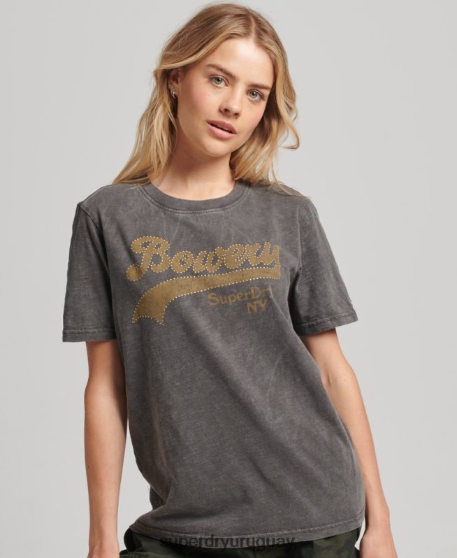 uy Superdry mujer playera con logo gráfico adornado gris oscuro DT2N8Z6208 ropa