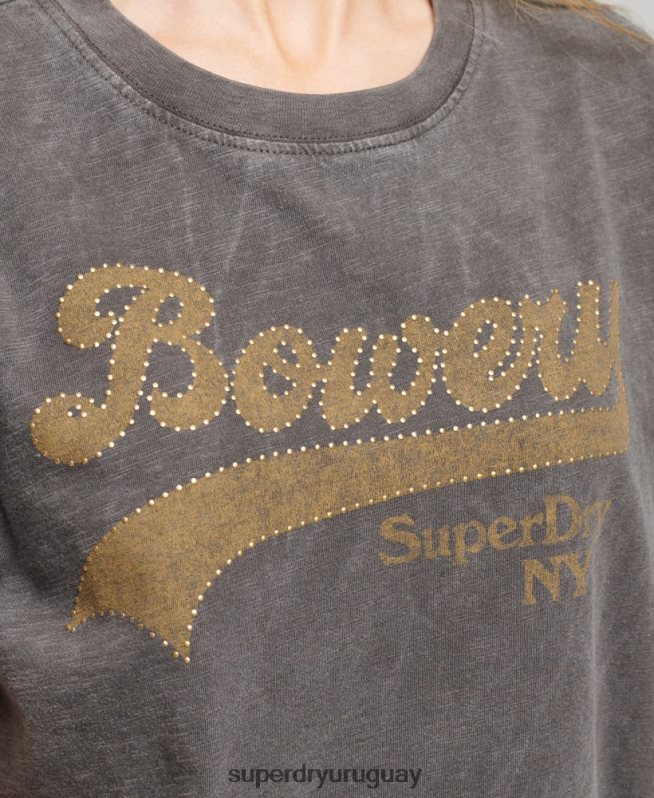 uy Superdry mujer playera con logo gráfico adornado gris oscuro DT2N8Z6208 ropa