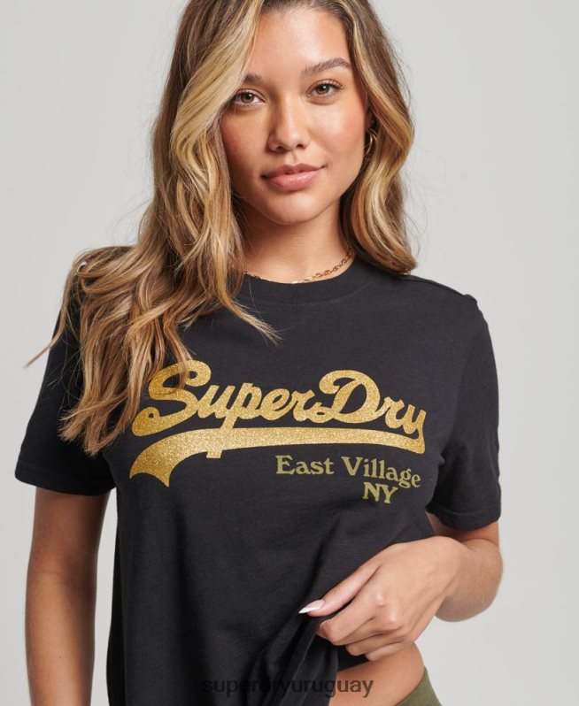 uy Superdry mujer playera con logo gráfico adornado negro DT2N8Z6185 ropa