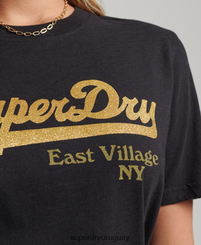 uy Superdry mujer playera con logo gráfico adornado negro DT2N8Z6185 ropa