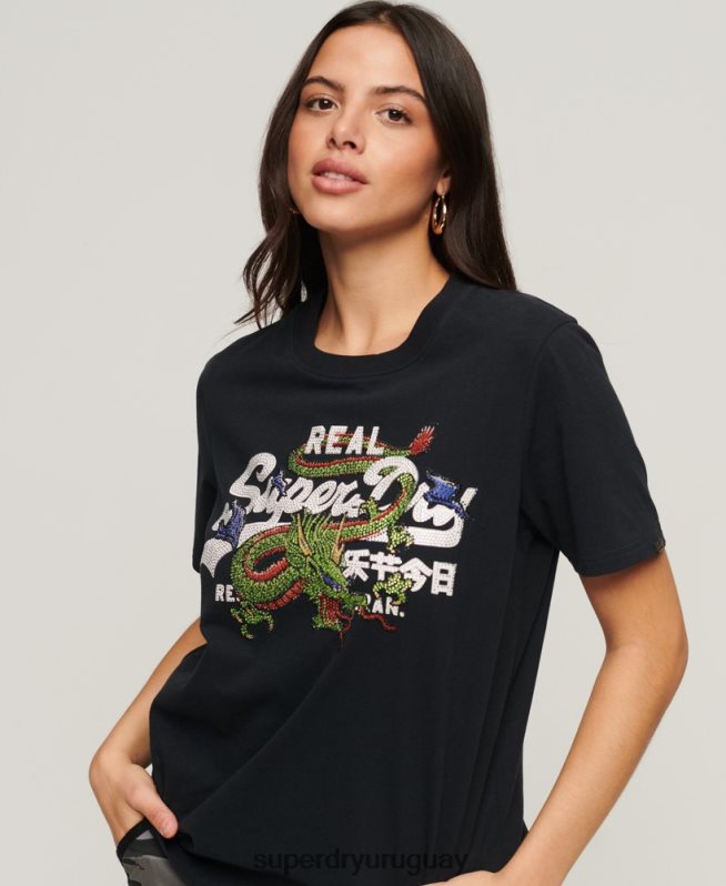 uy Superdry mujer playera con logo vintage gris oscuro DT2N8Z2175 ropa