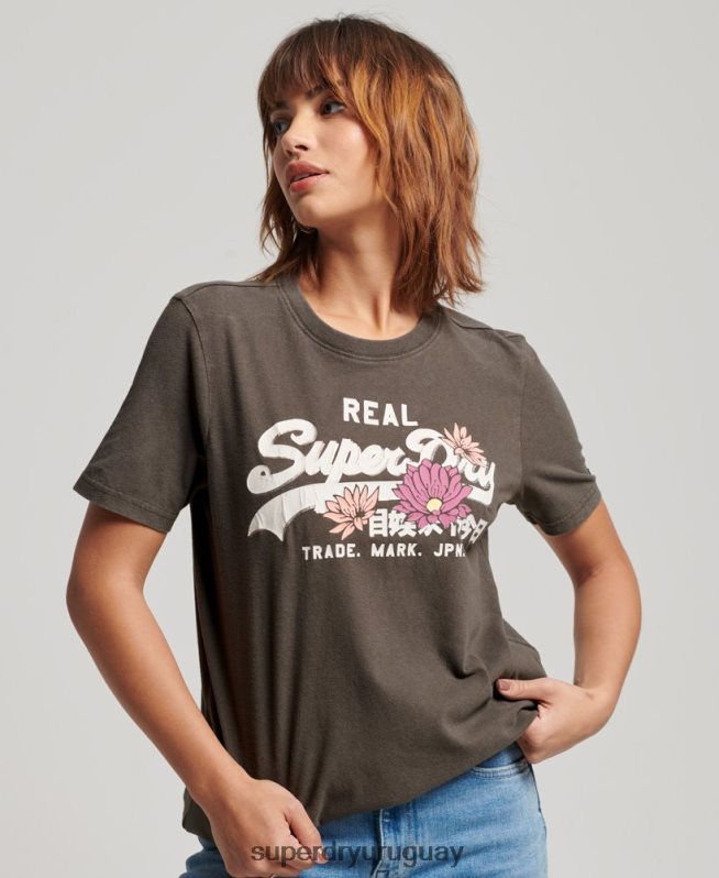 uy Superdry mujer playera con logo vintage gris oscuro DT2N8Z2190 ropa