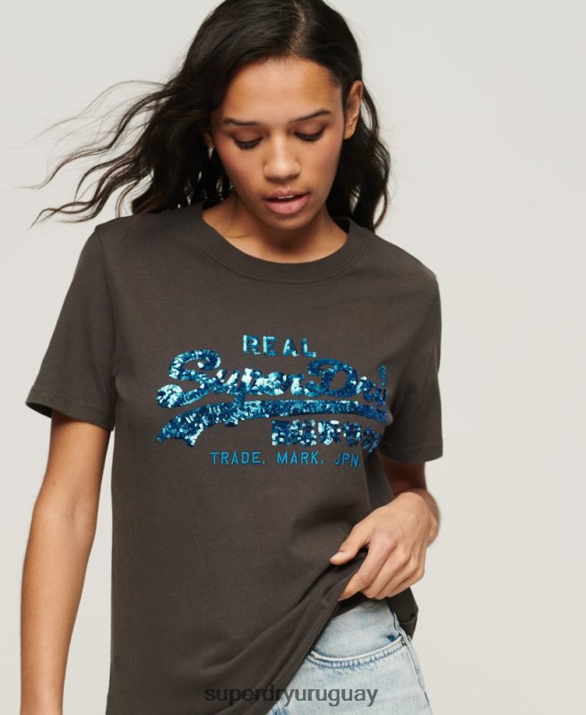 uy Superdry mujer playera con logo vintage gris oscuro DT2N8Z2297 ropa