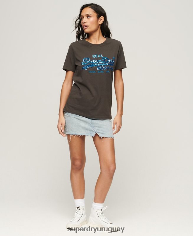 uy Superdry mujer playera con logo vintage gris oscuro DT2N8Z2297 ropa