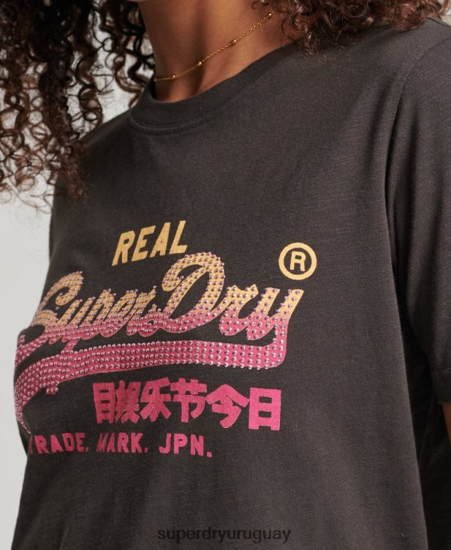 uy Superdry mujer playera con logo vintage gris oscuro DT2N8Z2682 ropa