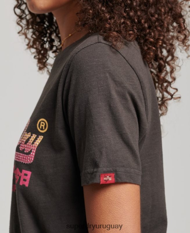 uy Superdry mujer playera con logo vintage gris oscuro DT2N8Z2682 ropa