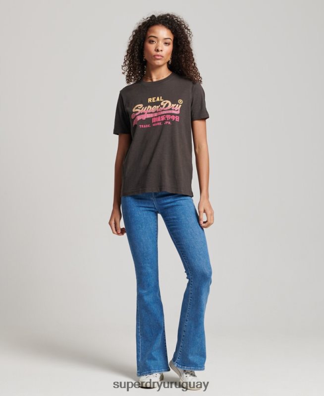 uy Superdry mujer playera con logo vintage gris oscuro DT2N8Z2682 ropa