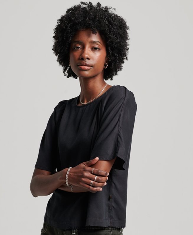 uy Superdry mujer playera con tejido de tencel negro DT2N8Z2774 ropa