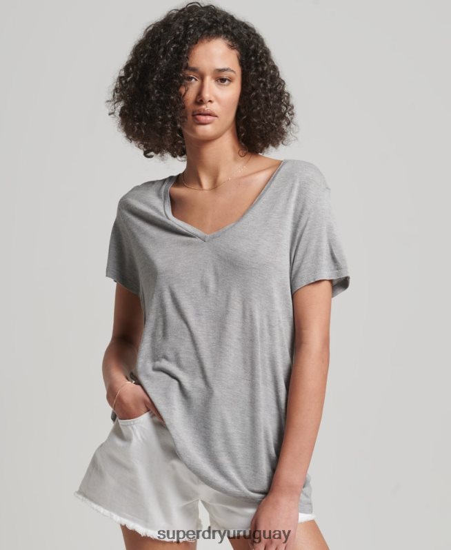 uy Superdry mujer playera flameada con cuello en V gris DT2N8Z2728 ropa