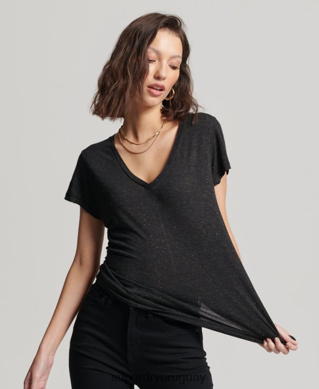 uy Superdry mujer playera flameada con cuello en V negro DT2N8Z2615 ropa