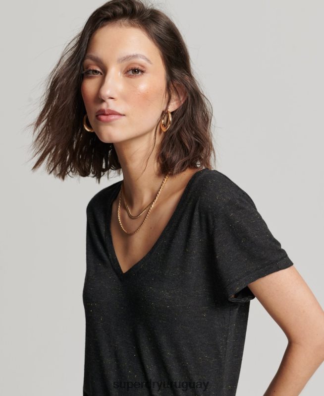 uy Superdry mujer playera flameada con cuello en V negro DT2N8Z2615 ropa