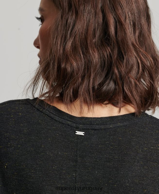uy Superdry mujer playera flameada con cuello en V negro DT2N8Z2615 ropa