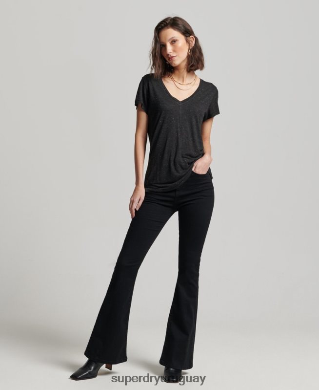 uy Superdry mujer playera flameada con cuello en V negro DT2N8Z2615 ropa
