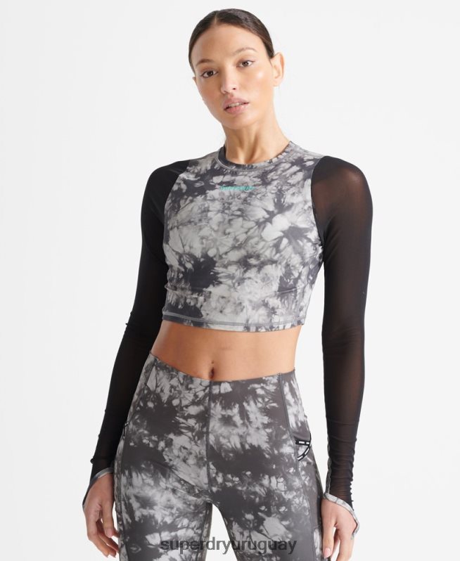 uy Superdry mujer top corto de malla de manga larga gris DT2N8Z4205 ropa
