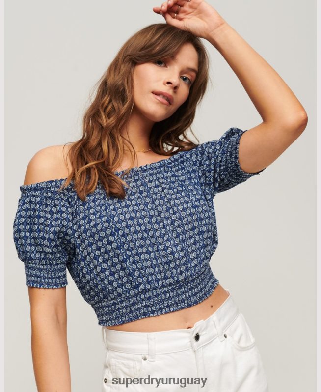 uy Superdry mujer top corto de manga corta con nido de abeja azul DT2N8Z2023 ropa