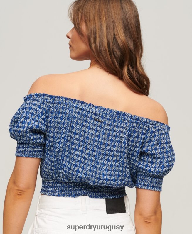 uy Superdry mujer top corto de manga corta con nido de abeja azul DT2N8Z2023 ropa